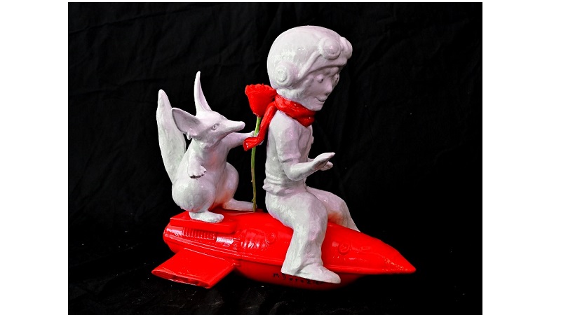 Michel_Derozier Creation3D Le Petit Prince et le Renard a la rose parcourent l'espace